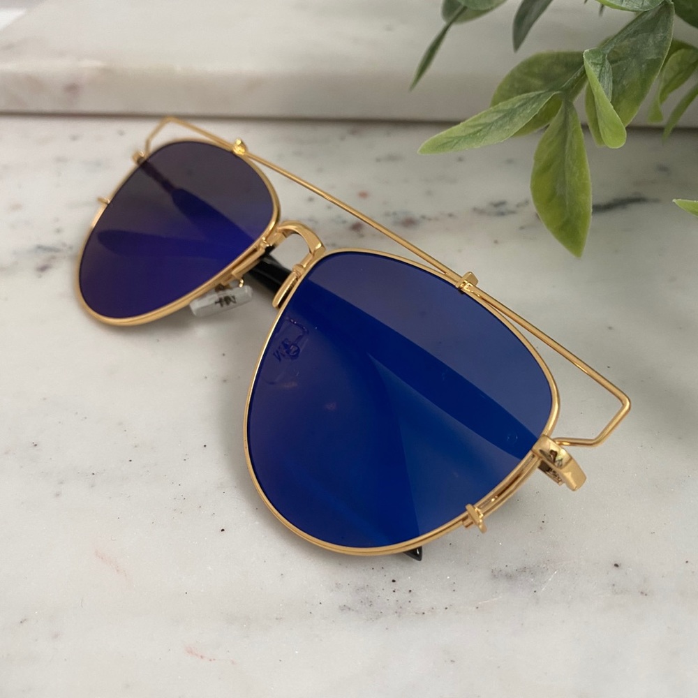 "Amira" Sunglasses || Blue & Gold Mirror Aviator - Picture 2 of 9
